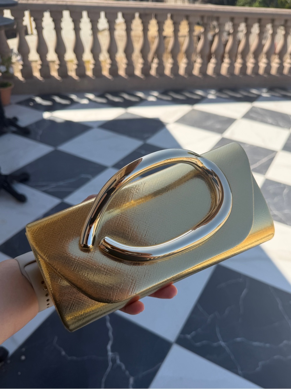 Gold Metallic Women's Clutch Bag with Large Decorative Hardware